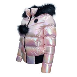 Дамско пухено яке с качулка, City Angels Jeans, Бледорозов лак, 6814